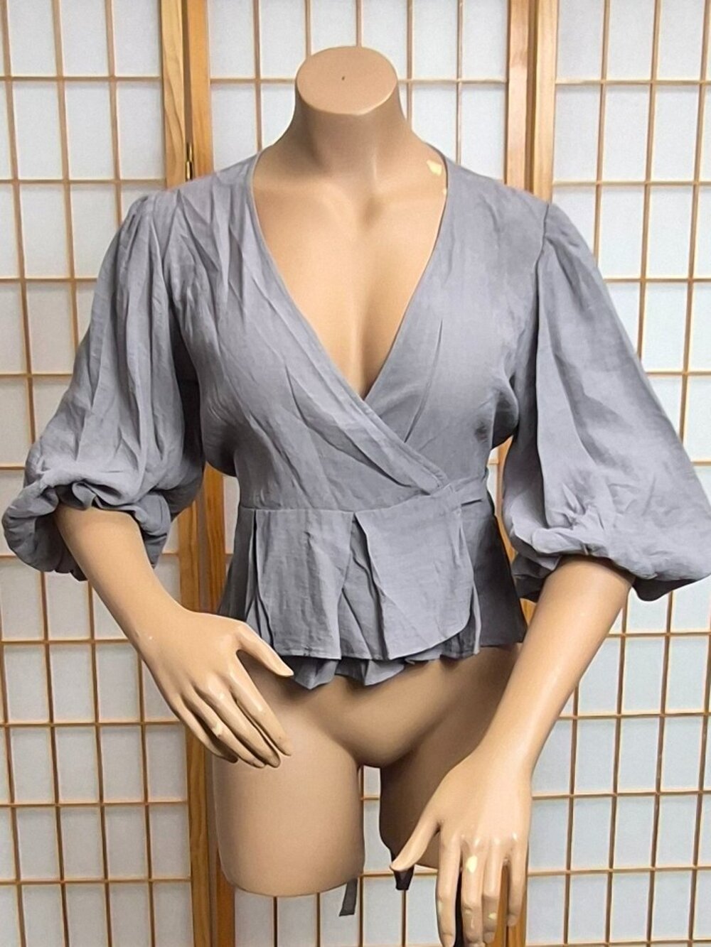 NWOT Hashttag stone colored wrap style peplum blouse with poofy sleeves Large
